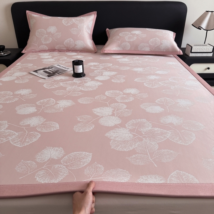 九花鹿 2025新款A类PE凉感提花冰丝凉席软凉席可水洗可机洗 叶语（樱花粉)