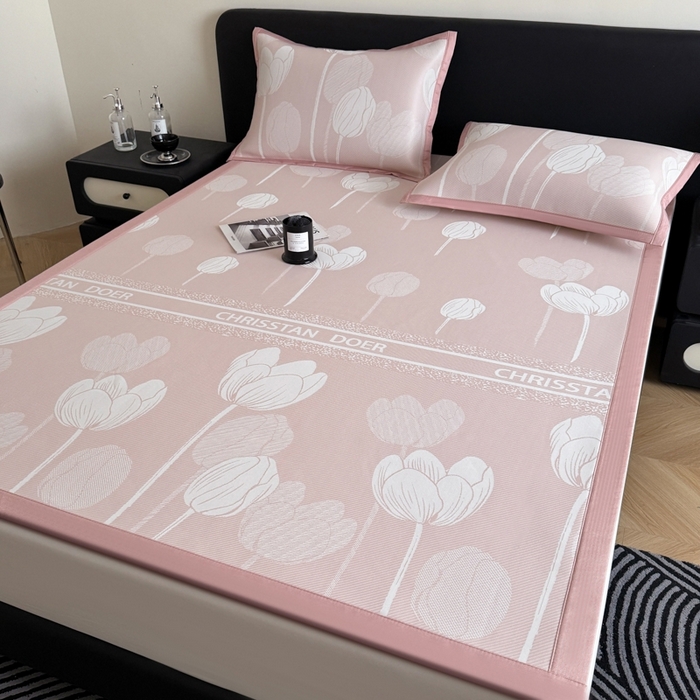 91家纺网 家纺一手货源 找家纺 九花鹿 2025新款A类PE凉感提花冰丝凉席软凉席可水洗可机洗 郁金香（浅粉）