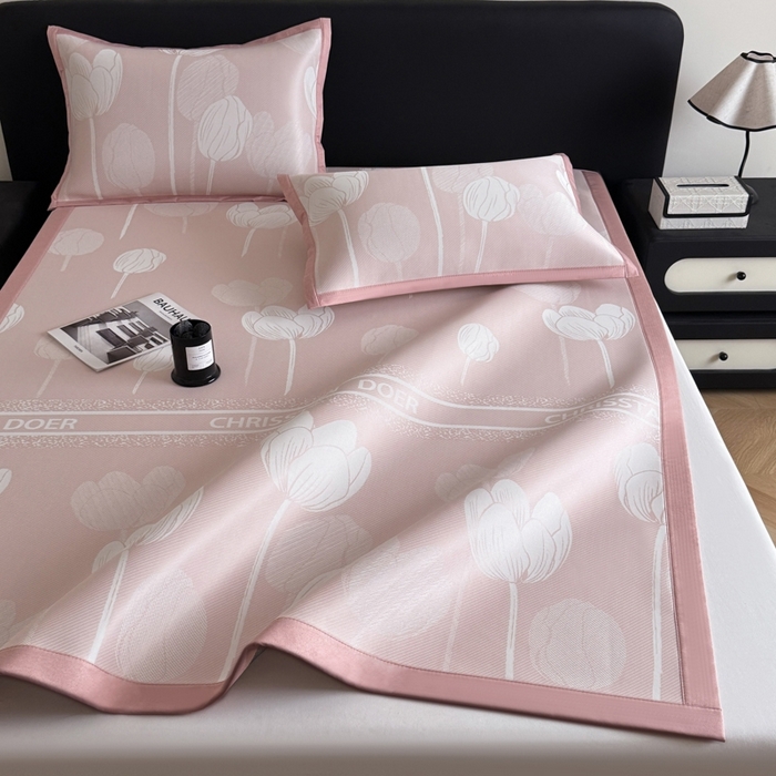 91家纺网 家纺一手货源 找家纺 九花鹿 2025新款A类PE凉感提花冰丝凉席软凉席可水洗可机洗 郁金香（浅粉）