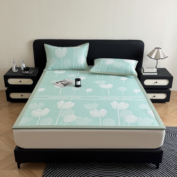 91家纺网 家纺一手货源 找家纺 九花鹿 2025新款A类PE凉感提花冰丝凉席软凉席可水洗可机洗 郁金香（浅绿）