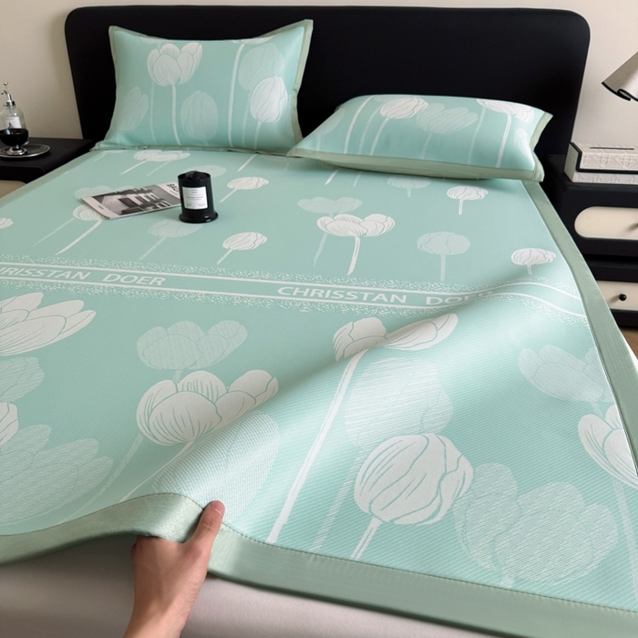 91家纺网 家纺一手货源 找家纺 九花鹿 2025新款A类PE凉感提花冰丝凉席软凉席可水洗可机洗 郁金香（浅绿）