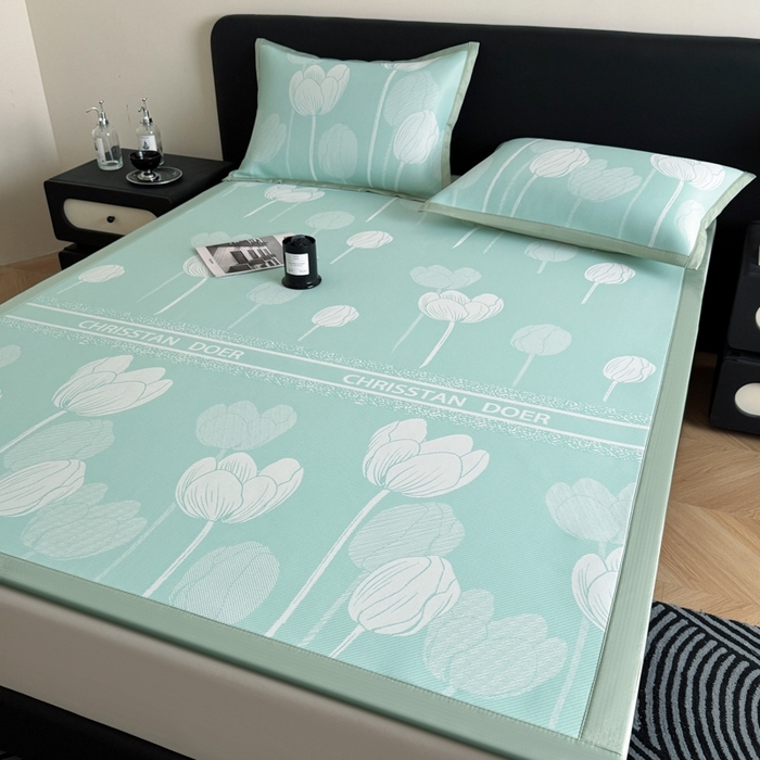 91家纺网 家纺一手货源 找家纺 九花鹿 2025新款A类PE凉感提花冰丝凉席软凉席可水洗可机洗 郁金香（浅绿）