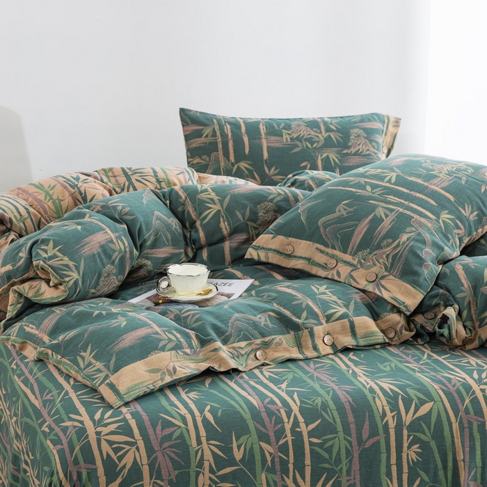 91家纺网 家纺一手货源 找家纺 2025新款全棉色织双层纱纽扣款四件套 竹报平安-绿