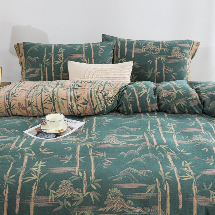 91家纺网 家纺一手货源 找家纺 2025新款全棉色织双层纱纽扣款四件套 竹报平安-绿