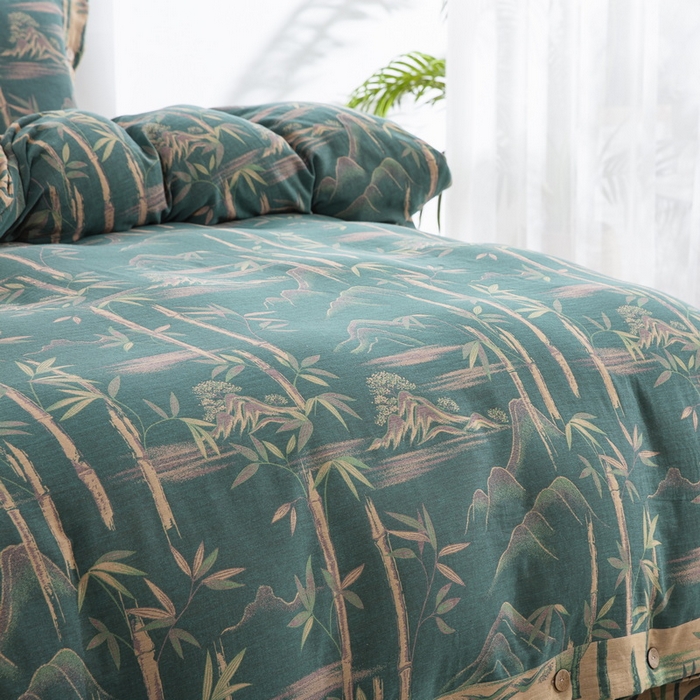 91家纺网 家纺一手货源 找家纺 2025新款全棉色织双层纱纽扣款四件套 竹报平安-绿