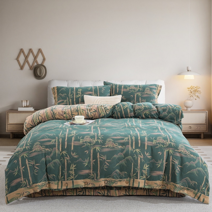 2025新款全棉色织双层纱纽扣款四件套 竹报平安-绿