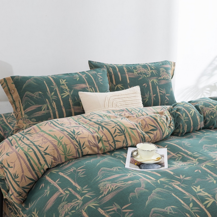 91家纺网 家纺一手货源 找家纺 2025新款全棉色织双层纱纽扣款四件套 竹报平安-绿