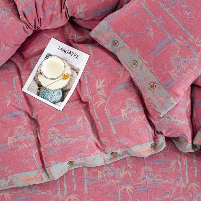 91家纺网 家纺一手货源 找家纺 2025新款全棉色织双层纱纽扣款四件套 竹报平安-粉