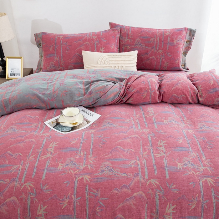 91家纺网 家纺一手货源 找家纺 2025新款全棉色织双层纱纽扣款四件套 竹报平安-粉