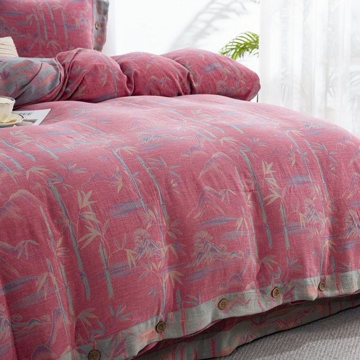 91家纺网 家纺一手货源 找家纺 2025新款全棉色织双层纱纽扣款四件套 竹报平安-粉