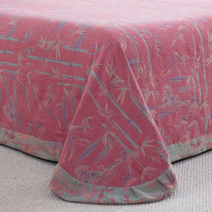 91家纺网 家纺一手货源 找家纺 2025新款全棉色织双层纱纽扣款四件套 竹报平安-粉