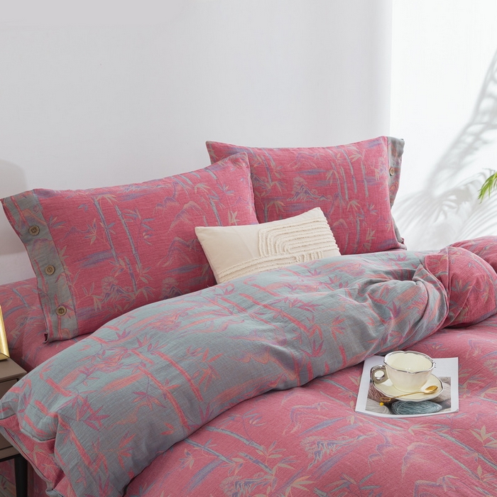 91家纺网 家纺一手货源 找家纺 2025新款全棉色织双层纱纽扣款四件套 竹报平安-粉