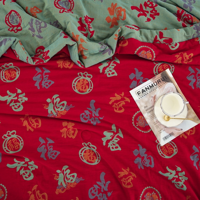 91家纺网 家纺一手货源 找家纺 鲁爱家纺供货 2025新款全棉双层纱提花夏被 百福（多子多福）