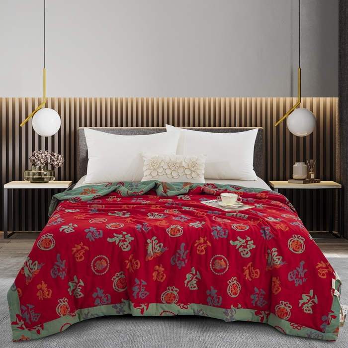 鲁爱家纺供货 2025新款全棉双层纱提花夏被 百福（多子多福）