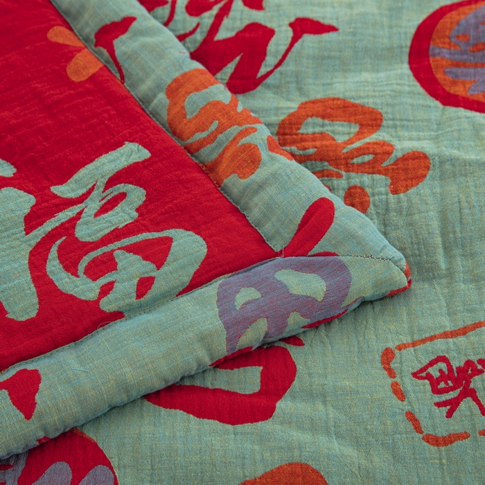 91家纺网 家纺一手货源 找家纺 鲁爱家纺供货 2025新款全棉双层纱提花夏被 百福-正红