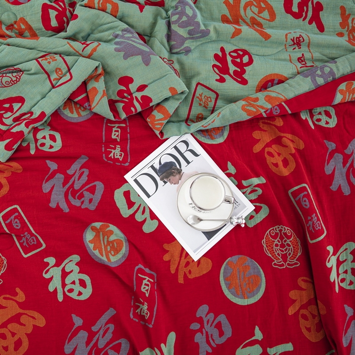 91家纺网 家纺一手货源 找家纺 鲁爱家纺供货 2025新款全棉双层纱提花夏被 百福-正红