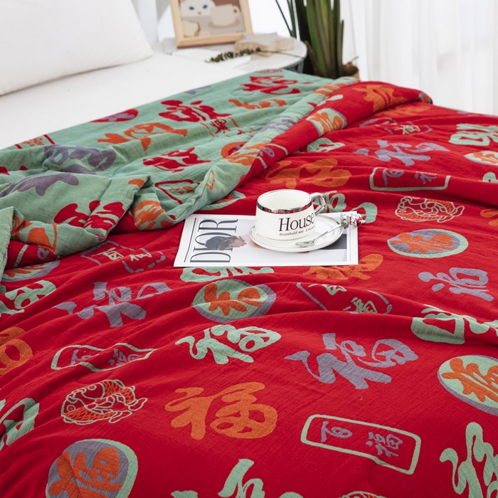 91家纺网 家纺一手货源 找家纺 鲁爱家纺供货 2025新款全棉双层纱提花夏被 百福-正红