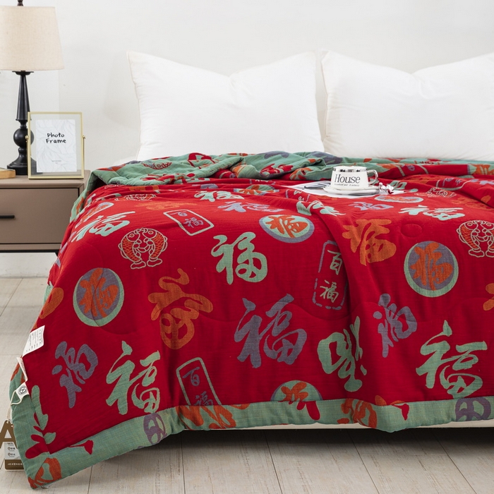 91家纺网 家纺一手货源 找家纺 鲁爱家纺供货 2025新款全棉双层纱提花夏被 百福-正红