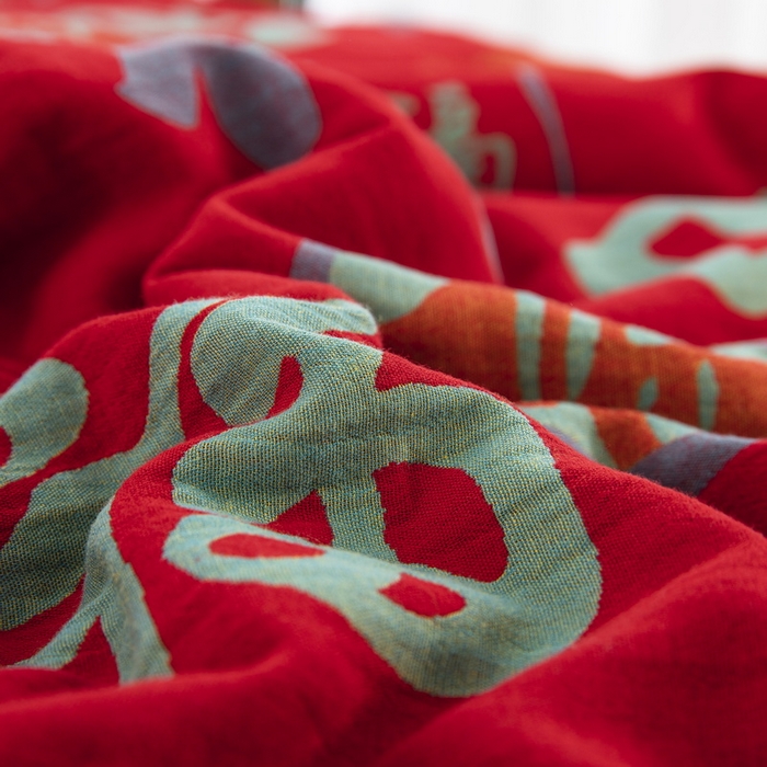 91家纺网 家纺一手货源 找家纺 鲁爱家纺供货 2025新款全棉双层纱提花夏被 百福-正红