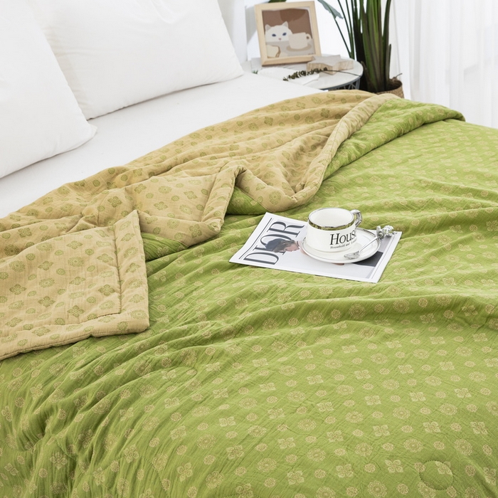 91家纺网 家纺一手货源 找家纺 鲁爱家纺供货 2025新款全棉双层纱提花夏被 幸福星-绿