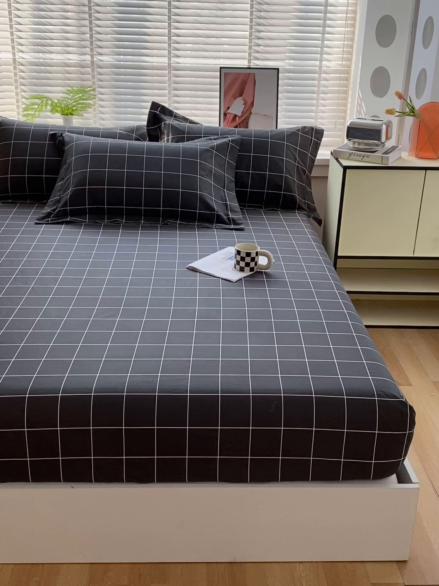 91家纺网 家纺一手货源 找家纺 宝齐莱家纺 2025新款13376全棉纯棉活性印花床笠单品单床笠床笠单件 黑白格-床笠