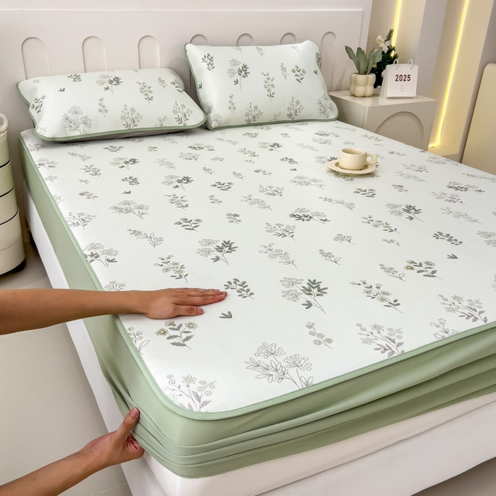 91家纺网 家纺一手货源 找家纺 2025年新款600D丝滑冰丝凉席-床笠款 清凉一叶