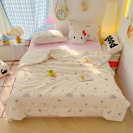 颜选 2025新款印花棉柔水洗棉夏被四件套 可可猫咪