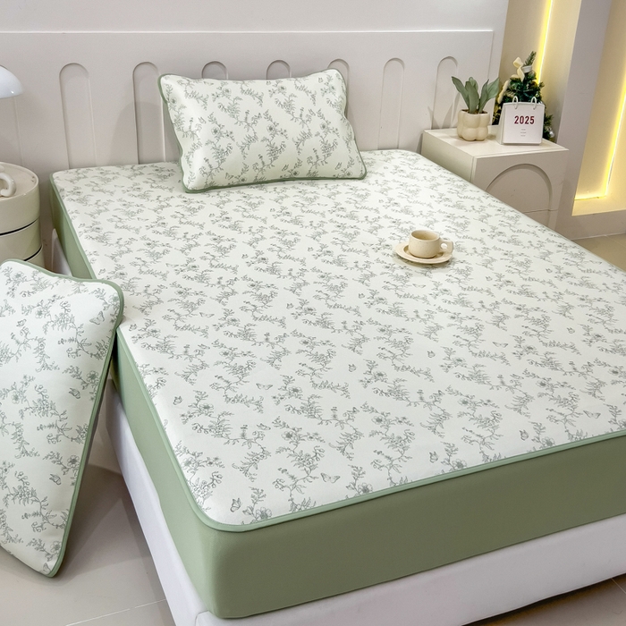 91家纺网 家纺一手货源 找家纺 2025年新款600D丝滑冰丝凉席-床笠款 连理枝绿