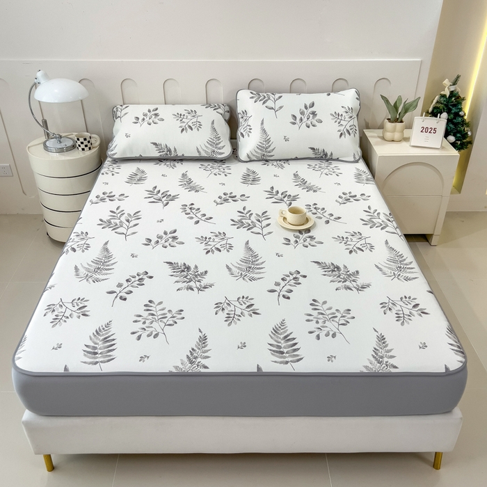 91家纺网 家纺一手货源 找家纺 2025年新款600D丝滑冰丝凉席-床笠款 素叶灰