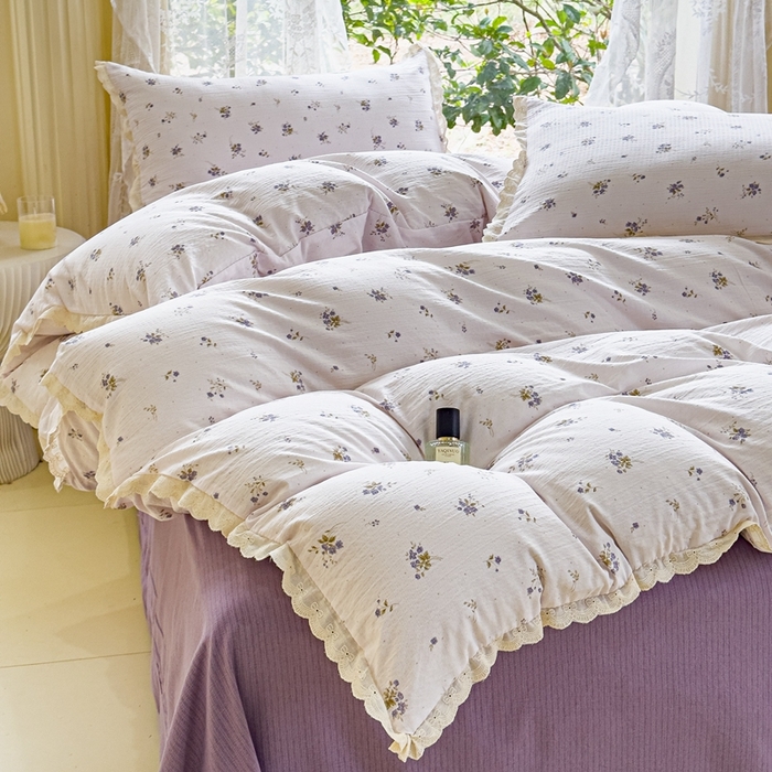 91家纺网 家纺一手货源 找家纺 可思家纺 2025新款法式皱皱纱四件套 铃兰紫