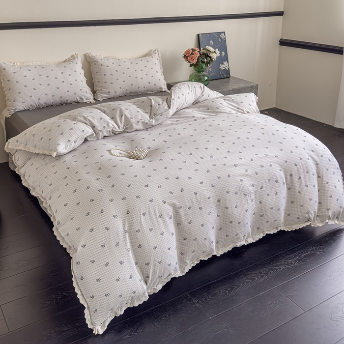 91家纺网 家纺一手货源 找家纺 可思家纺 2025新款法式皱皱纱四件套 甜心格子