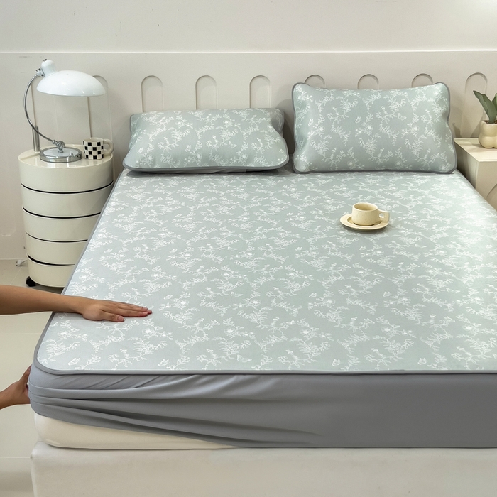 91家纺网 家纺一手货源 找家纺 2025年新款600D丝滑冰丝凉席-床笠款 连理枝白