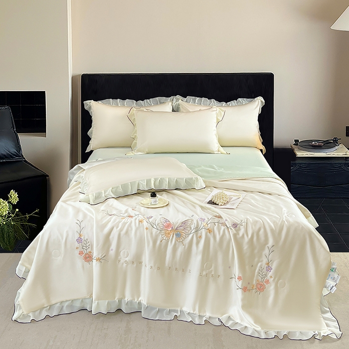 91家纺网 家纺一手货源 找家纺 梦舒羽 2025新款刺绣水洗真丝花边夏被四件套宿舍夏凉被床单枕套三件套-蝶梦花边款 蝶梦-绿 花边款