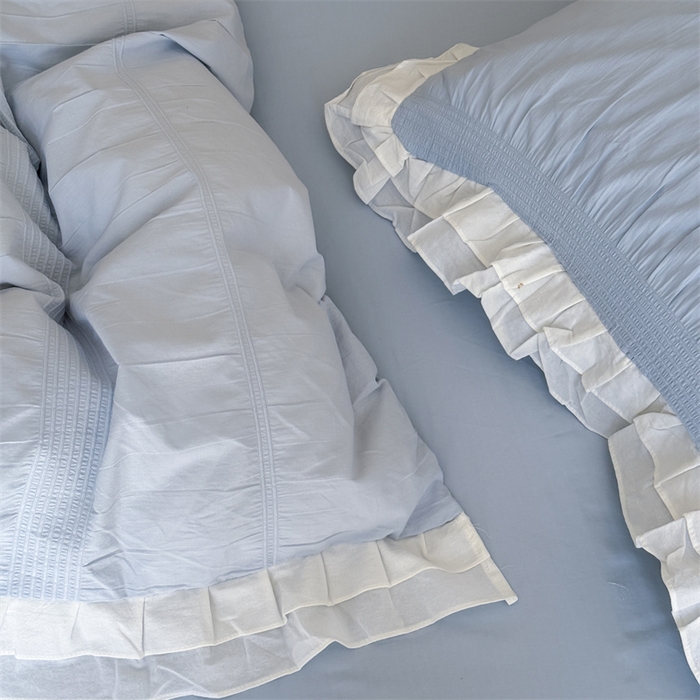 91家纺网 家纺一手货源 找家纺 尺素 2025纯棉双层花边韩式四件套全棉纯色ins风民宿被套纯色1.8床笠双人加大床单公主风床上用品 奶泡泡-也许雾蓝