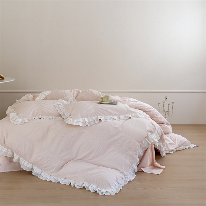 91家纺网 家纺一手货源 找家纺 尺素 2025纯棉双层花边韩式四件套全棉纯色ins风民宿被套纯色1.8床笠双人加大床单公主风床上用品 奶泡泡-涂涂小桃