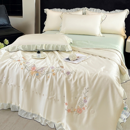 梦舒羽 2025新款刺绣水洗真丝花边夏被四件套宿舍夏凉被床单枕套三件套-蝶梦花边款 蝶梦-绿 花边款