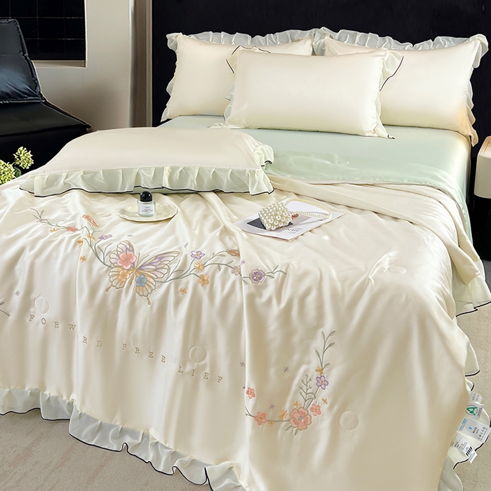 91家纺网 家纺一手货源 找家纺 梦舒羽 2025新款刺绣水洗真丝花边夏被四件套宿舍夏凉被床单枕套三件套-蝶梦花边款 蝶梦-绿 花边款