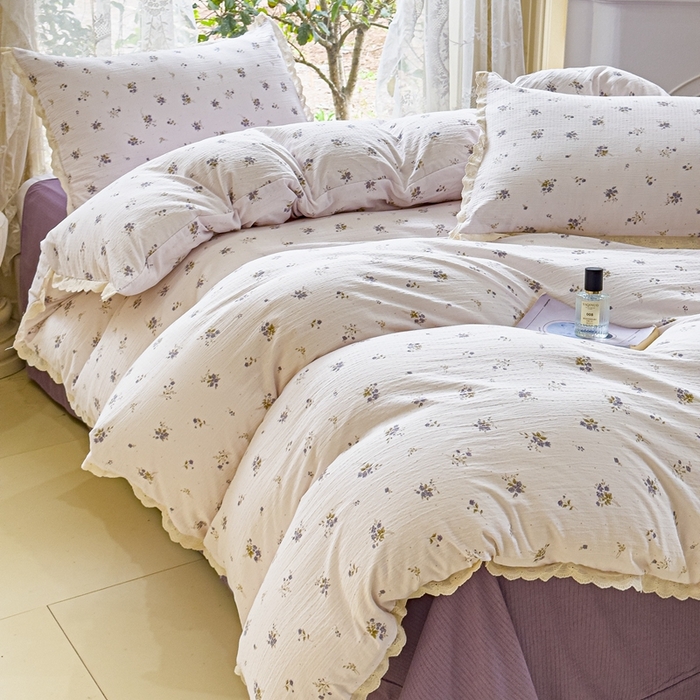 91家纺网 家纺一手货源 找家纺 可思家纺 2025新款法式皱皱纱四件套 铃兰紫