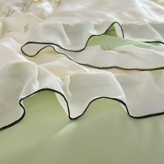 91家纺网 家纺一手货源 找家纺 梦舒羽 2025新款刺绣水洗真丝花边夏被四件套宿舍夏凉被床单枕套三件套-蝶梦花边款 蝶梦-绿 花边款