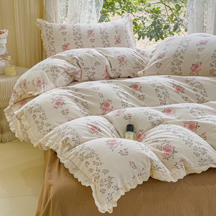 91家纺网 家纺一手货源 找家纺 可思家纺 2025新款法式皱皱纱四件套 赫拉花园米