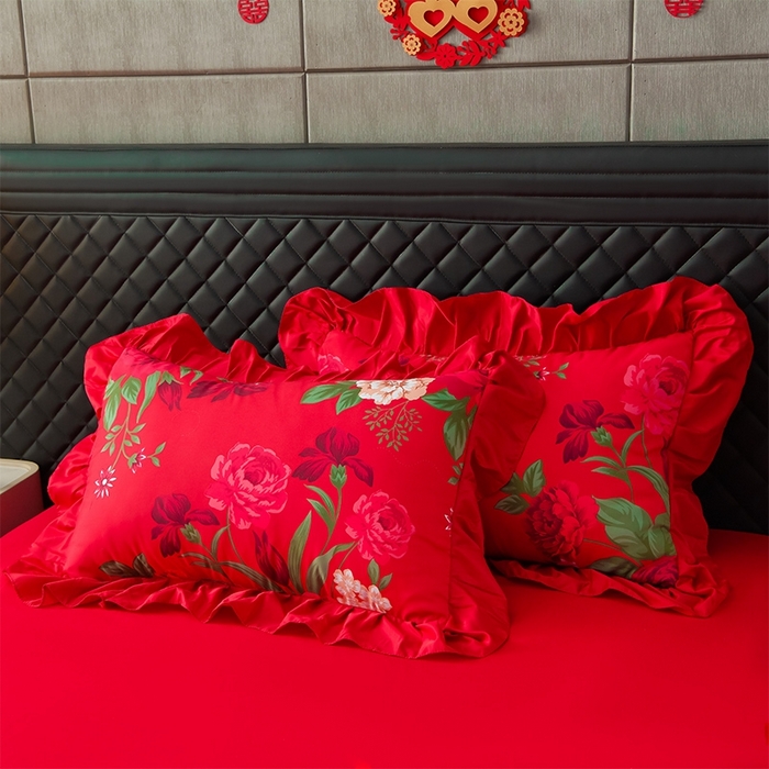 91家纺网 家纺一手货源 找家纺 卓缦2025新款亲肤棉韩版印花花边婚庆四件套 欢颜