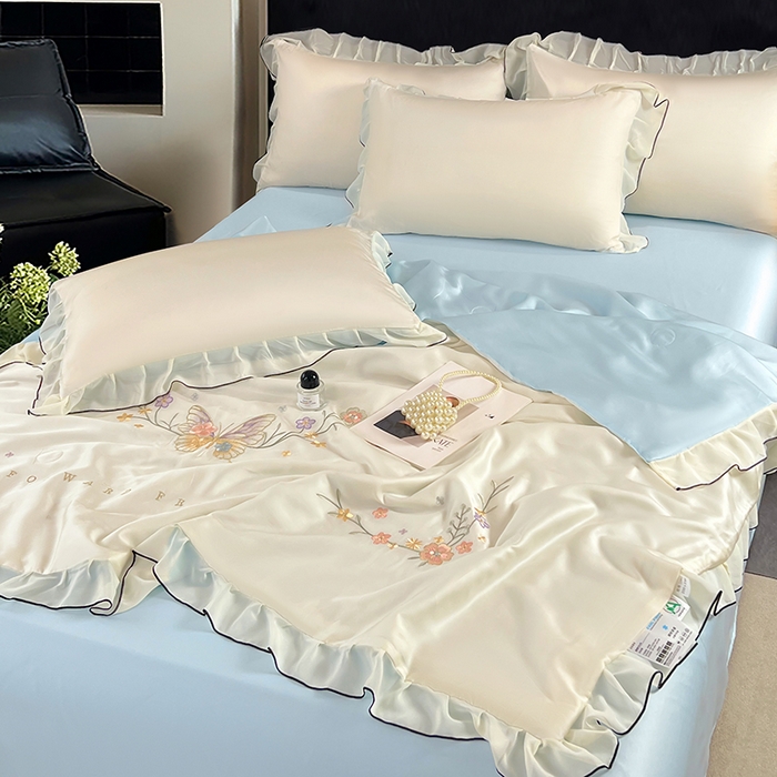 91家纺网 家纺一手货源 找家纺 梦舒羽 2025新款刺绣水洗真丝花边夏被四件套宿舍夏凉被床单枕套三件套-蝶梦花边款 蝶梦-蓝 花边款