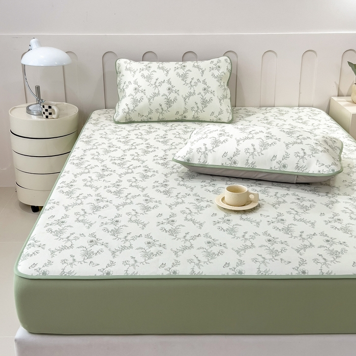 91家纺网 家纺一手货源 找家纺 2025年新款600D丝滑冰丝凉席-床笠款 连理枝绿