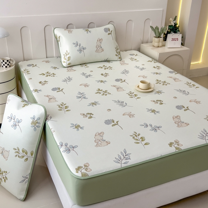 91家纺网 家纺一手货源 找家纺 2025年新款600D丝滑冰丝凉席-床笠款 蘑菇小兔