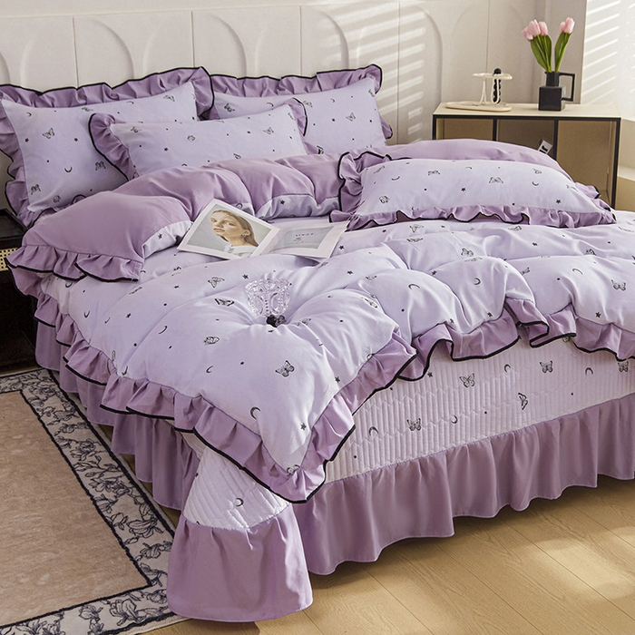 91家纺网 家纺一手货源 找家纺 铠畅家纺 2025新款有氧双层纱印花夹棉床盖四件套-终版 蝴蝶纷飞 星空紫