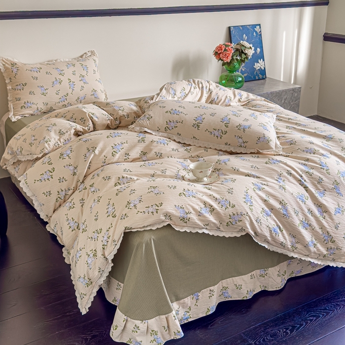 91家纺网 家纺一手货源 找家纺 可思家纺 2025新款法式皱皱纱四件套 夏栀