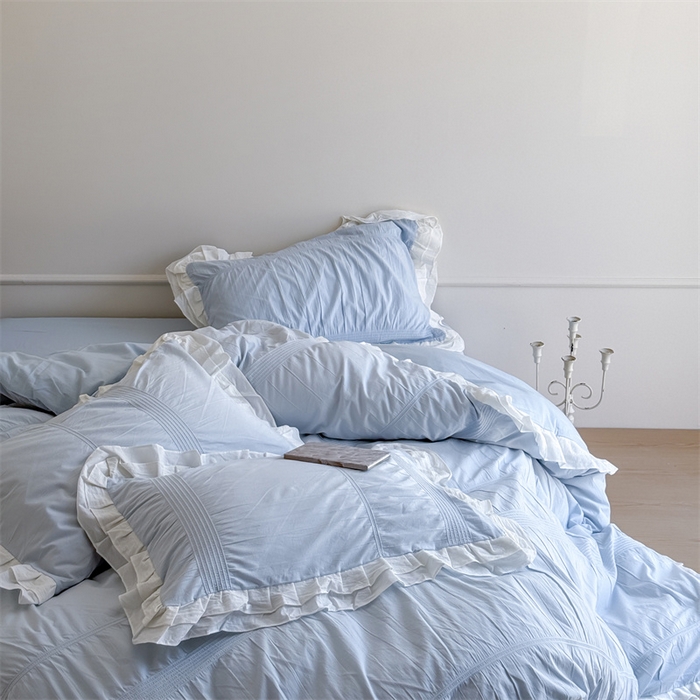 91家纺网 家纺一手货源 找家纺 尺素 2025纯棉双层花边韩式四件套全棉纯色ins风民宿被套纯色1.8床笠双人加大床单公主风床上用品 奶泡泡-也许雾蓝