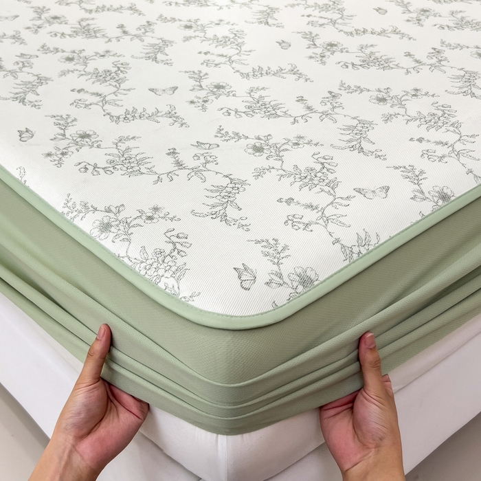 91家纺网 家纺一手货源 找家纺 2025年新款600D丝滑冰丝凉席-床笠款 连理枝绿