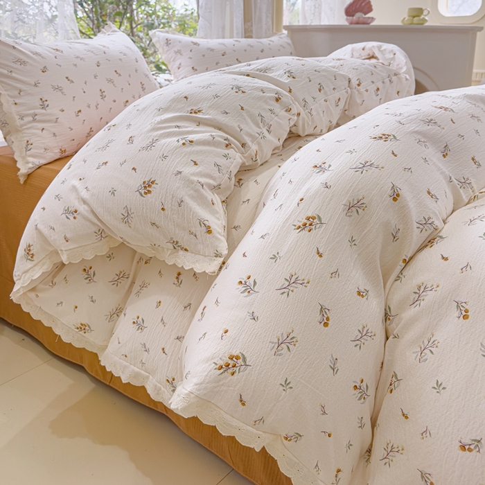 91家纺网 家纺一手货源 找家纺 可思家纺 2025新款法式皱皱纱四件套 碎花白茶