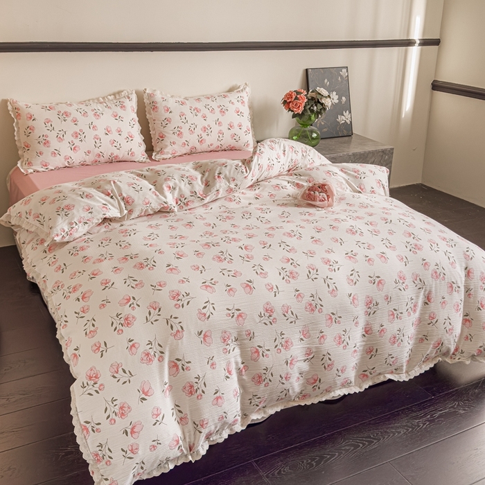 91家纺网 家纺一手货源 找家纺 可思家纺 2025新款法式皱皱纱四件套 粉佳人